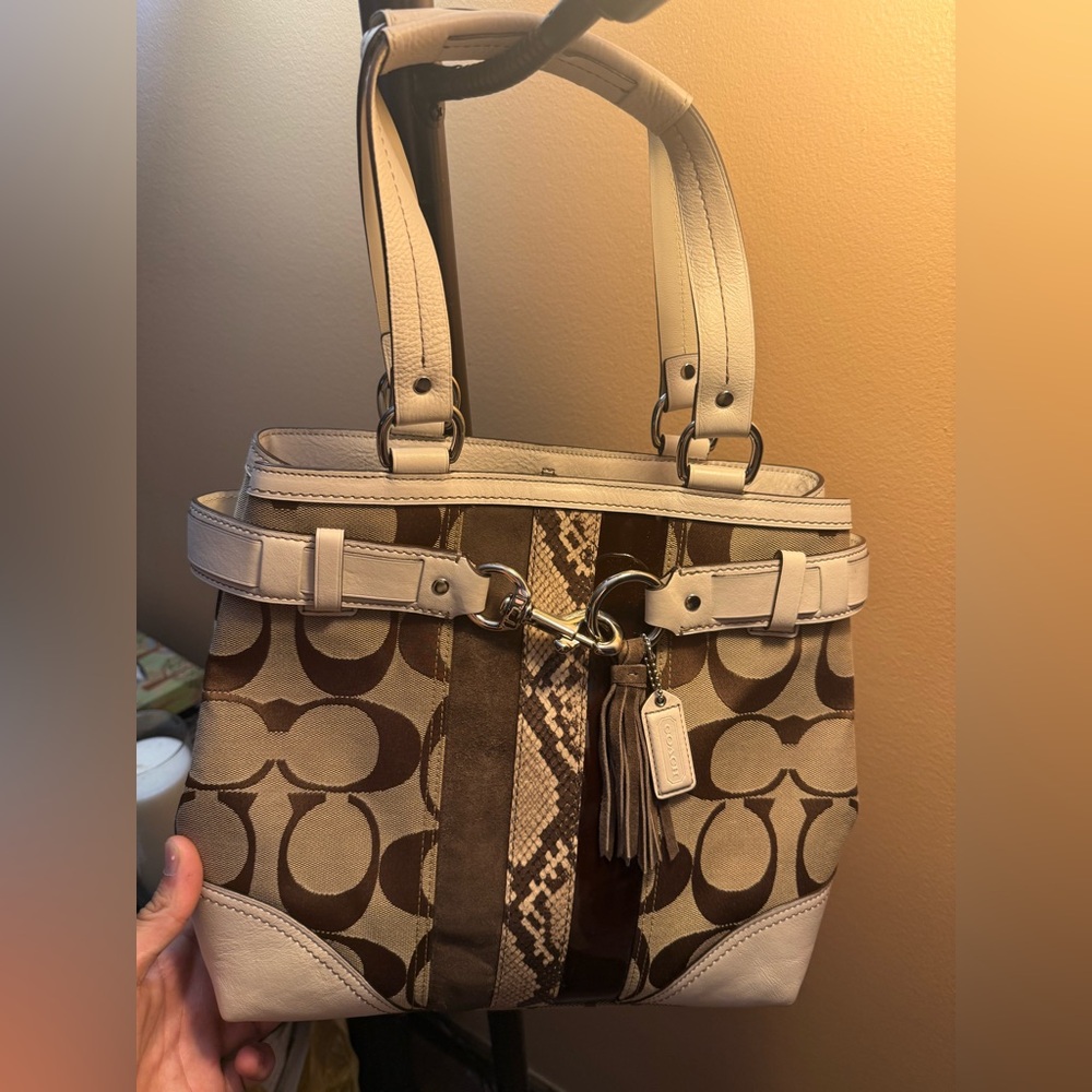 Coach Brown and Cream Signature Medium Shoulder Bag/Purse With Snakeskin Detail
